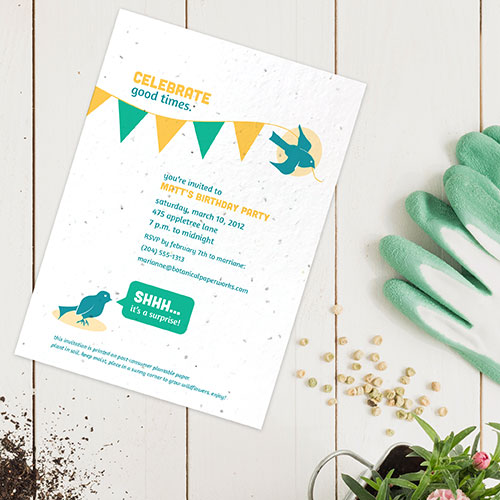 Birthday party invitations printed on seed paper that grows.