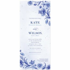 Dutch-style wedding invitations featuring a rich cobalt blue design of detailed ornamental flourishes.